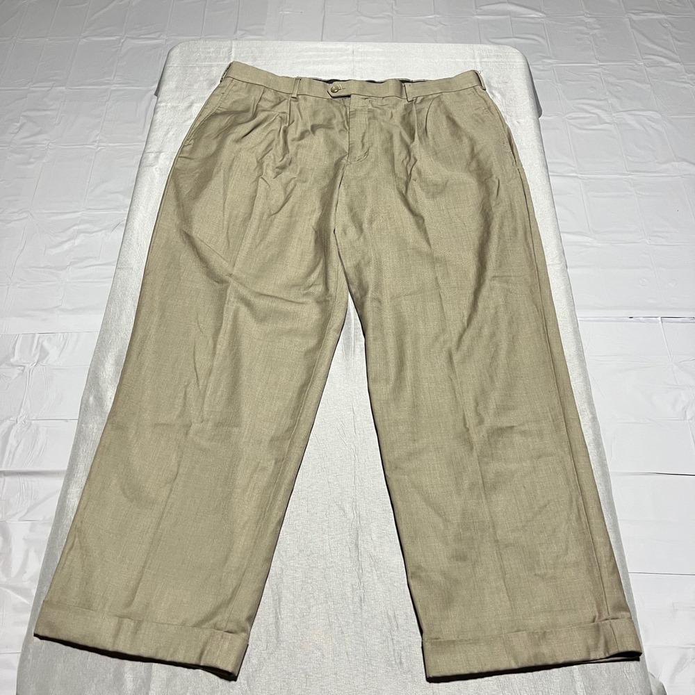 Perry Ellis America Mens 40x30 Tan Pleated Cuffed Dress Pants Khaki Trousers